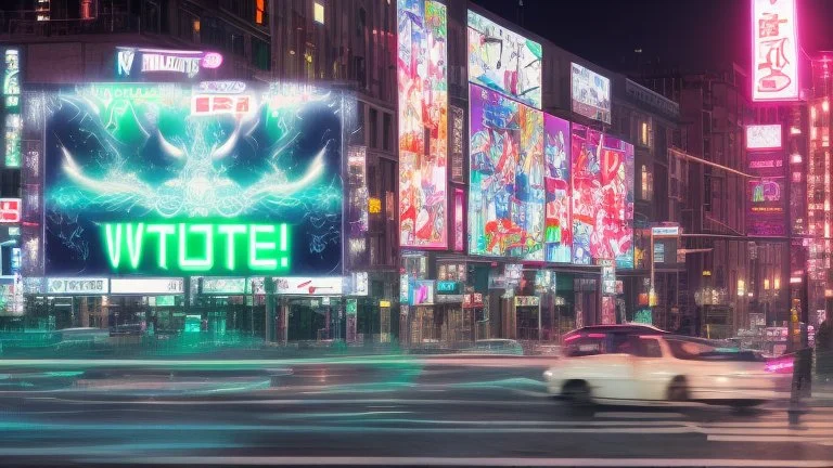 a billboard branded writing ODK Tokusentai , with neon light green and white , in the city center, at night . At Montréal