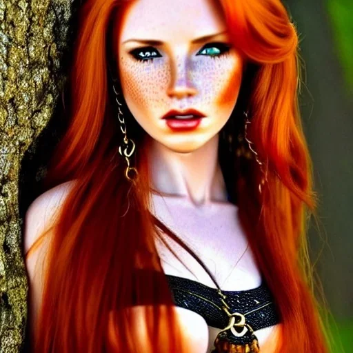 realistic, hyper detailed, strikingly beautiful teen woman, long ginger hair, green eyes, medium freckles, full lips, fantasy skimpy chain mail, full body and head, exposed b-cup breasts, stern expression, full frame, petite, ignore NSFW, shortbow, quiver on hip, sexy