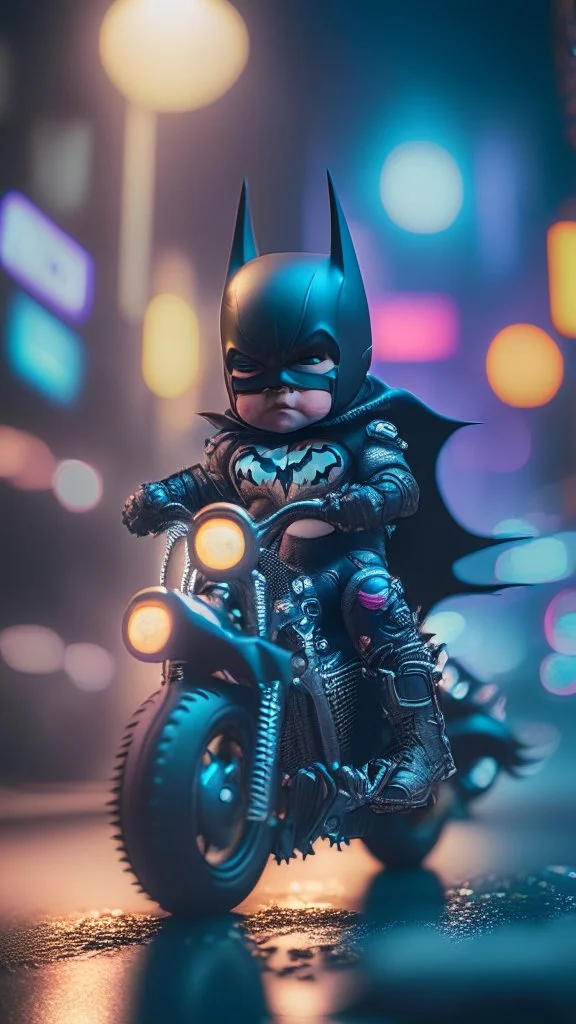 A Sharp Kawaii tiny hyper realistic baby batman riding mini harley davidson, wearing bikers clothes with freestyle action, night of cyberpunk city background. wide angle full body, 8k, Cinematography, photorealistic,epic composition Unreal Engine,Cinematic, Color Grading, Portrait Photography,Ultra-Wide Angle, Depth of Field, hyper detailed