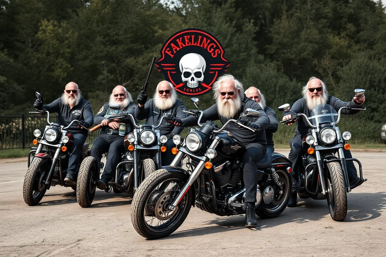 a very hard and tuff motorcycle bald gang, posing with their Harley Davidsson bikes, some of them holding guns and shotguns, a logo sign with Falköpings HD Club, "Fearless sinners" Skulls and bones, skeletons