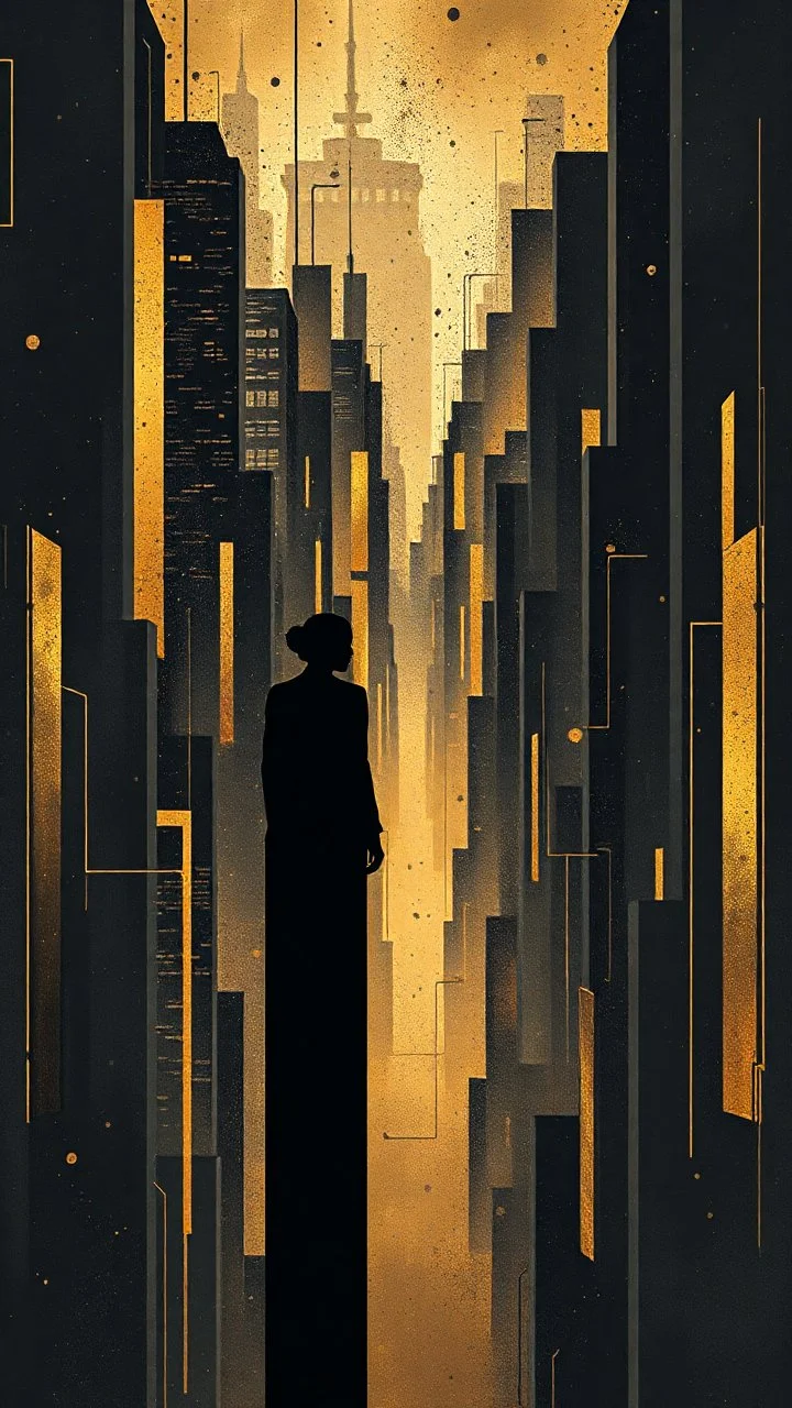 Big city , many levels ,minimalism,Abstract black and gold minimalism geometric surreal beautiful fashion portrait,splash art explosion,minimalist surreal surrounding background,surreal lonely depth,deep soul spirit,fantasy surreal geometry,flat,utopia,album art,cover art,album cover,cinematic,8k,epic movie still,sharp focus,by Gustav Klimt,pascal blanche,rutkowski,repin,artstation hyperrealism painting concept art of detailed character,design matte painting,leaf
