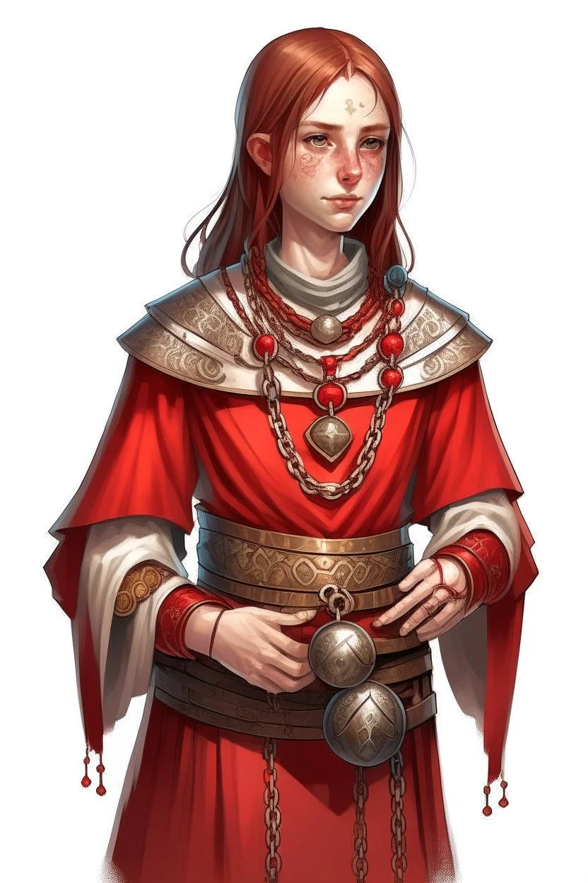 young female human cleric with a necklace of red beads, wearing scale mail