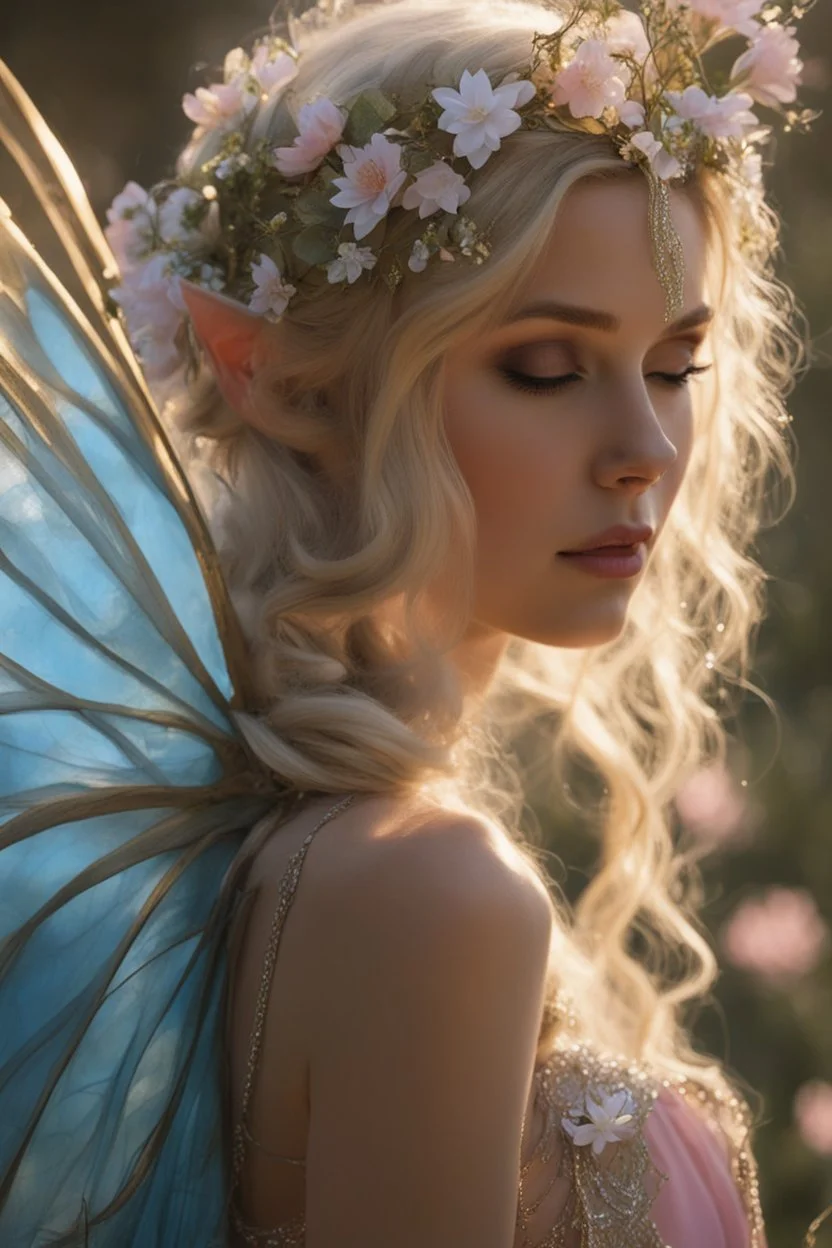 Pointed elven ears,Blonde hair ,Pink dress,Sparkling fairy wings,Very long golden hair,Fairy crown,pointed ears,elven ears,fairy wings,water lilies,sparkling,glittering,flowers,blossoms,golden crown,light pink dress