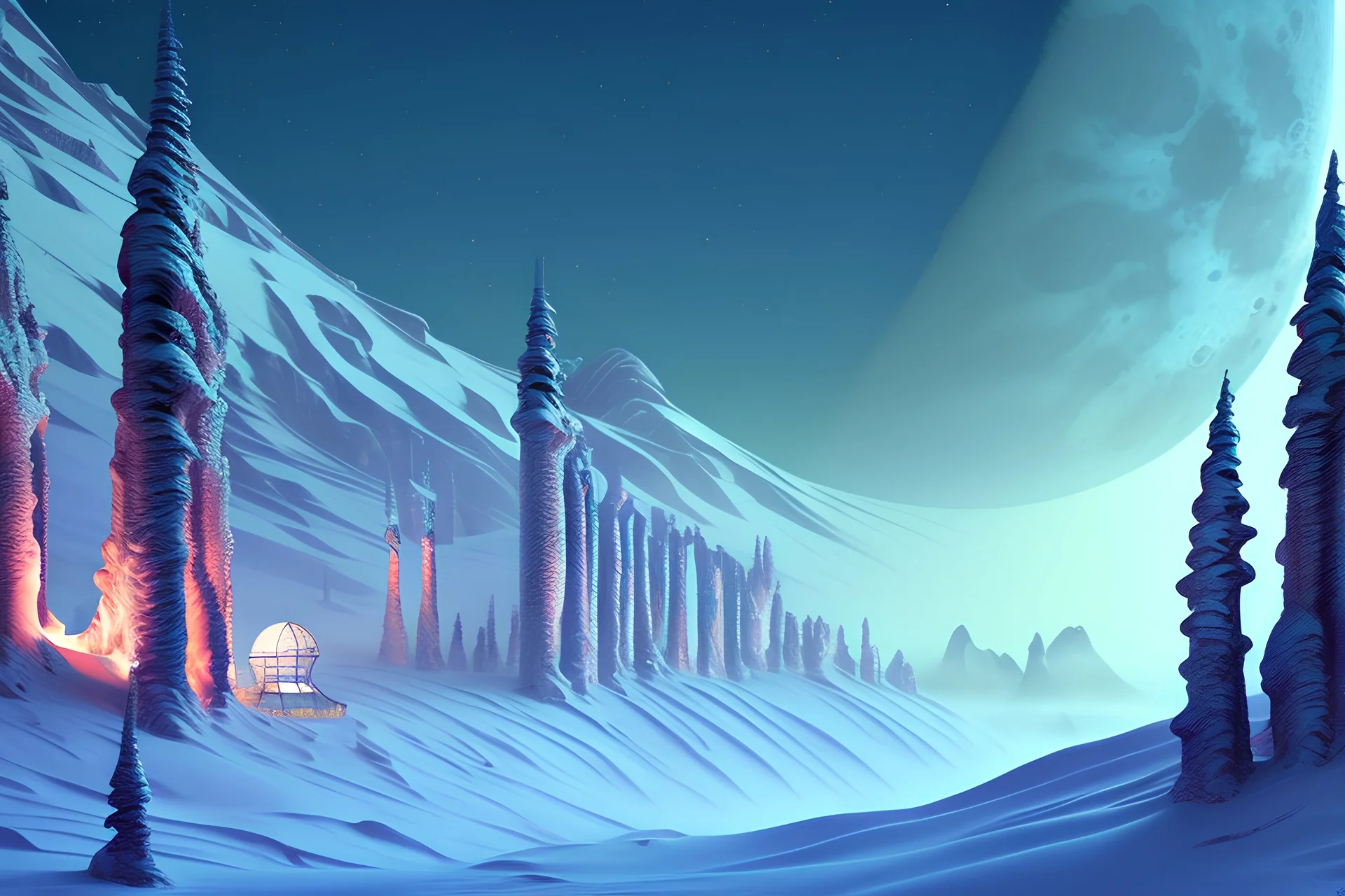 Fantastic, lunar, alien, unusual, starry, winter, mountain resort, high detail, complex details, high resolution, clear quality, beautiful lighting, spectacular lighting, deep shadows, warm colors, warm light, Elegant, 8k, Oil on canvas, Super detailed, 4K 3D, Clear quality, Colorful, Very cute. Tim Burton