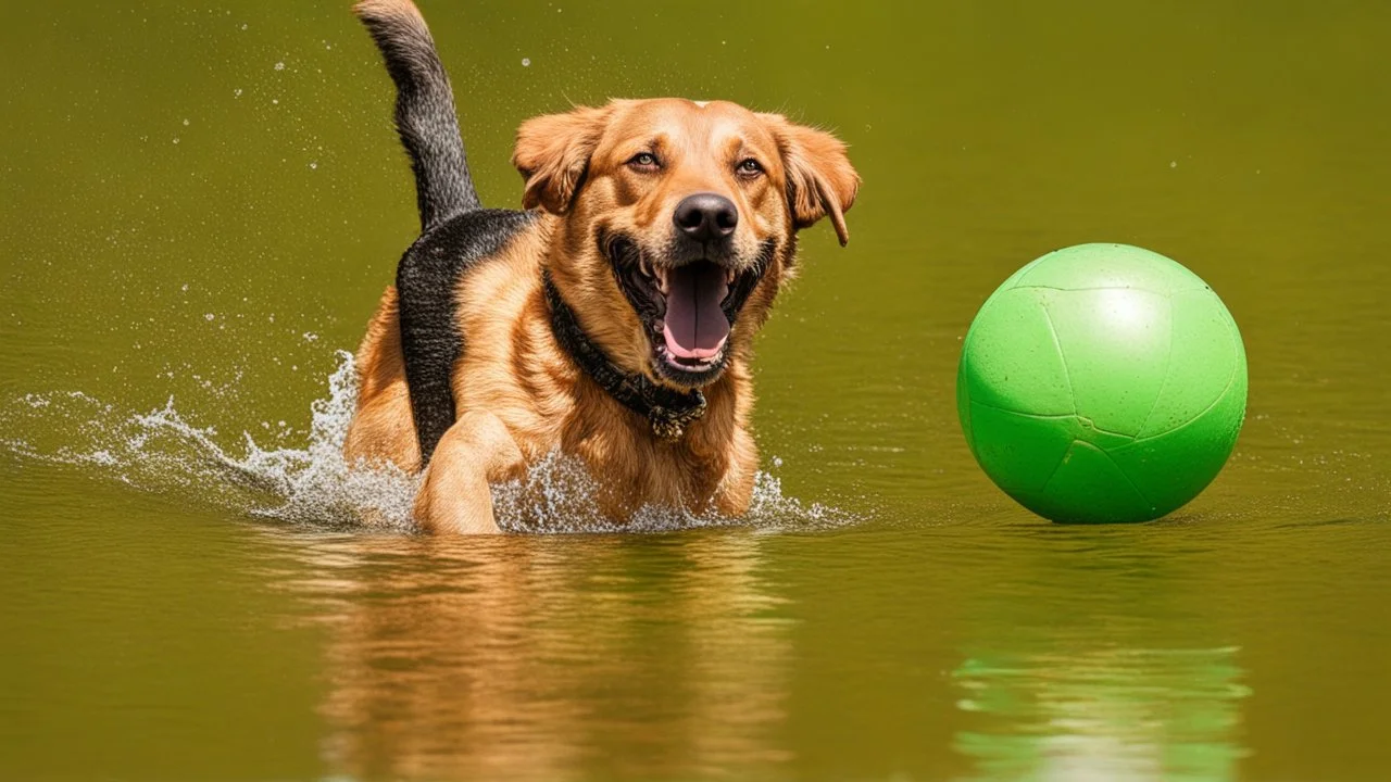 laughing dog in the water playing with ball