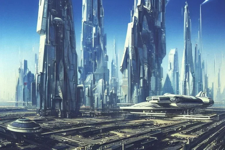 A Spaceship is taking off,Space Center on a heavy industrialized planet with a futuristic city in the background, (retrofuturistic:2), art by John Berkey, buildings with glass facades, brutalist architecture, insanely detailed, vibrant, 8k uhd, cinematic atmosphere, ultra-wide angle, street level view, brush strokes, blue sky with clouds, dramatic sunset, sharp focus