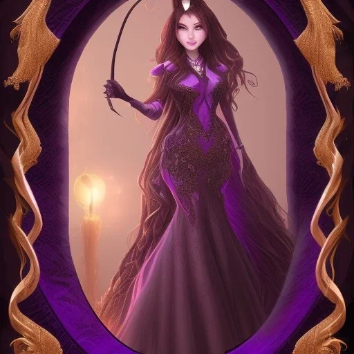 alluring witch of darkness in purple dress with very long brown hair