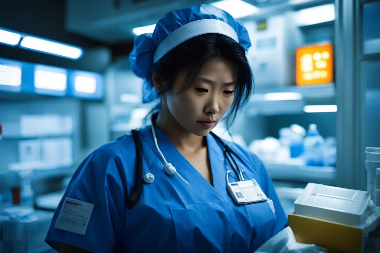 (in the style of Orion, by Masamune Shirow) A documentary-style candid photograph captures an emergency room nurse, weary-eyed but intensely focused, taking ten seconds to prepare a medication dose amid chaos. She is illuminated by the harsh, flickering overhead fluorescent lights of a bustling city hospital ER at night. She wears indigo blue scrubs, a mask pulled down to her chin, her hair tied back messily. She stands before a stainless steel medical cart, her hand holding a syringe, carefully
