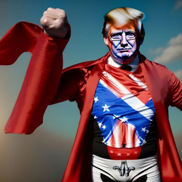 realistic image of donald trump as a mexican wrestling fighter posing outdoors, with mexican mask painted on the face, red and blue breeches, confederate flag cape, naked torso, retro style, 80s, vibrant color, highly detailed, sky background, concept art, unreal engine 5, god rays, ray tracing, RTX, lumen lighting, ultra detail, volumetric lighting, 3d, finely drawn, high definition, high resolution.