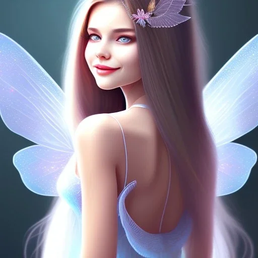 smiling girl, cute, beautiful, long hair, transparent dress, fairy wings, full body