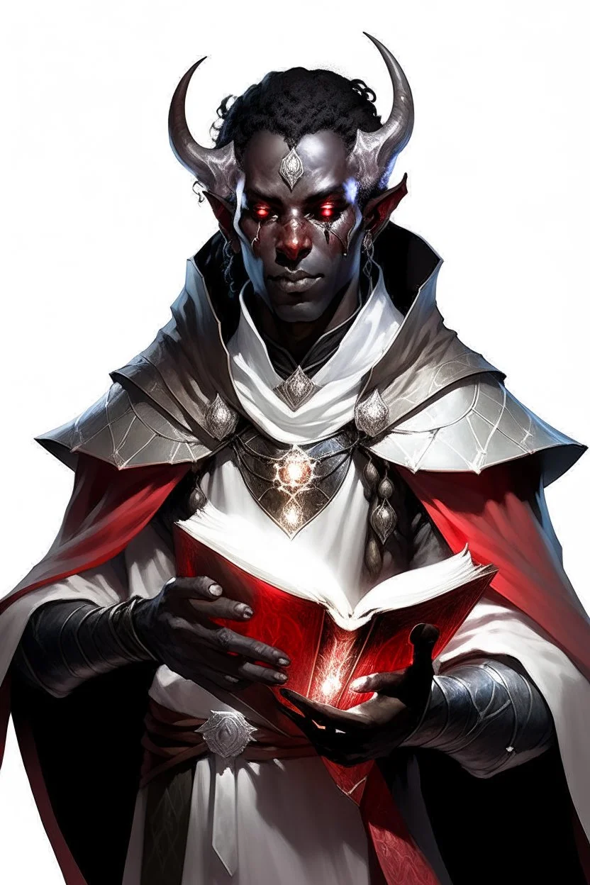 En Young male black skin black hair tiefling Wizard fra dnd holding a book with Arcane Magic in a silver and White Rope and a silver cloak. His horn a perfectly place on acet from the front to the back pointing upwards with glowing Red cat Eyes. His close is elegant get simple. Holding an ice Crystal in his Right Hand