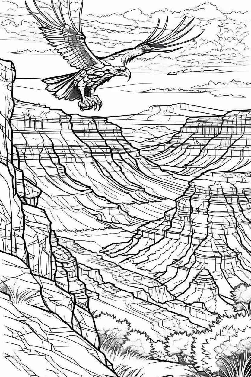 An eagle glides effortlessly over the immense, rugged grandeur of the Grand Canyon. The canyon's colossal depths and layered rock formations create a breathtaking backdrop for the eagle's flight, symbolizing the immense power of nature and the bird's absolute freedom..coloring book page, simple and clean line art, adult drawing book, black and white, crisp black lines, no shades, sharp lines, coloring book for adults, cartoon style, landscape