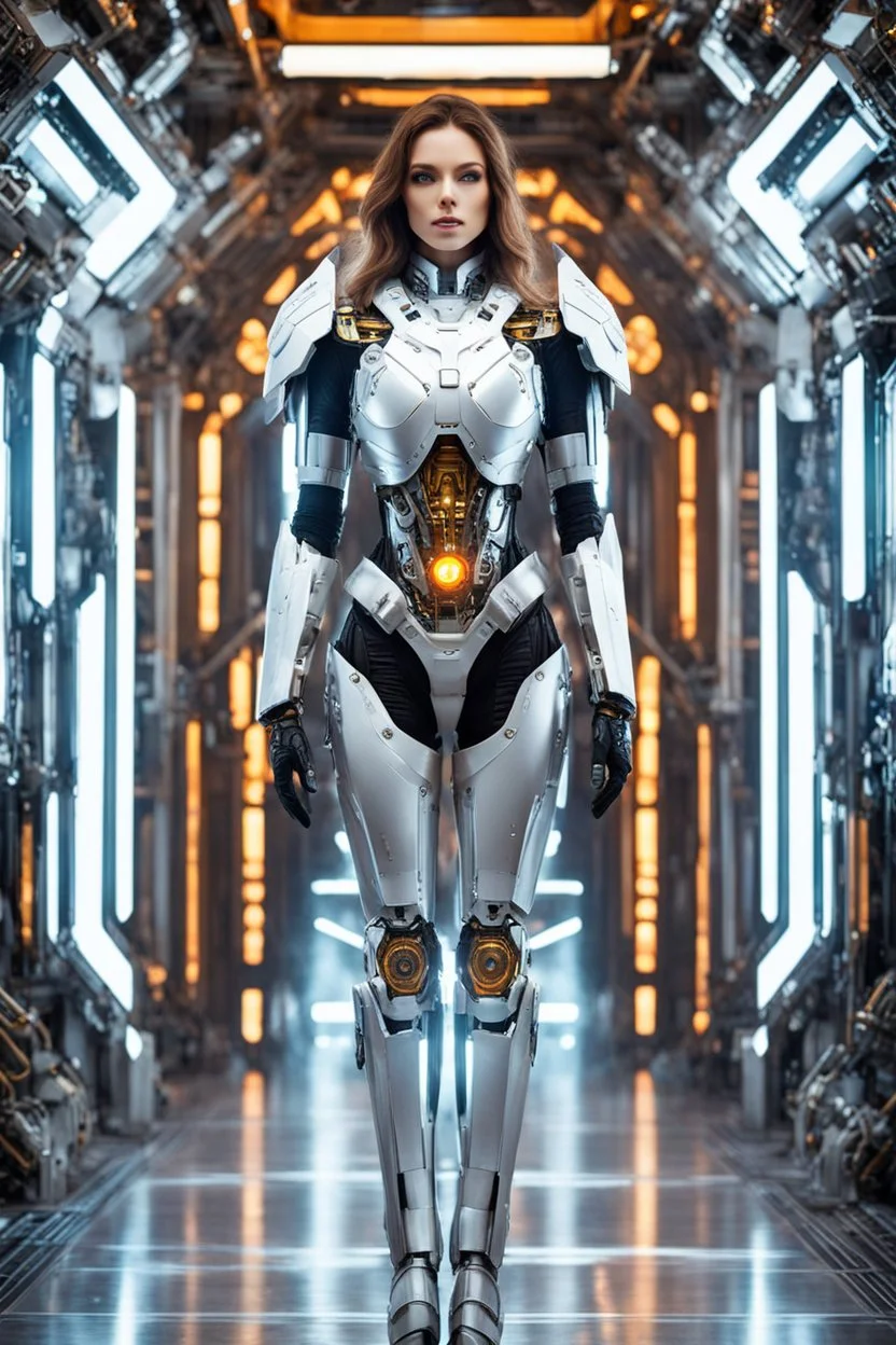 Gorgeous photography super model Russian as Angel Cyborg Robotic Beautiful woman dressing mechanical Symmetry Facing front,sci-fi armor, tech wear, glowing colors lights sci-fi, intricate, elegant, highly detailed, digital photograph, walking space ship room