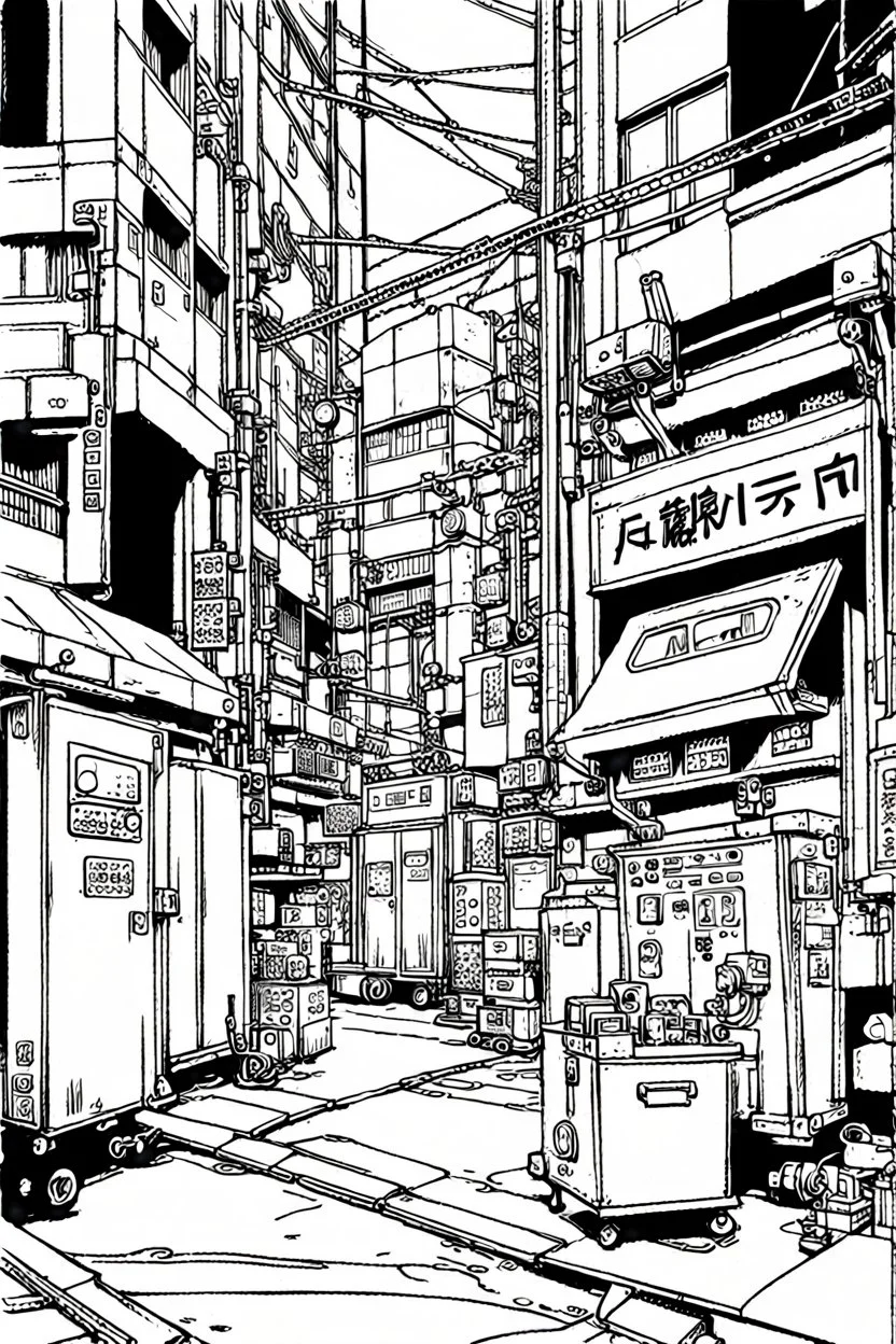 Tokyo industrial area, line arts, manga style