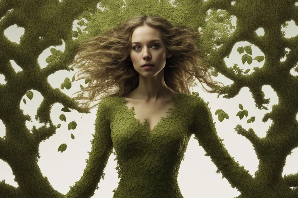 full body shot of a young woman covered in tiny green filigree leaves, emerging from a summer tree, detailed matte painting, deep colour, fantastical, intricate detail