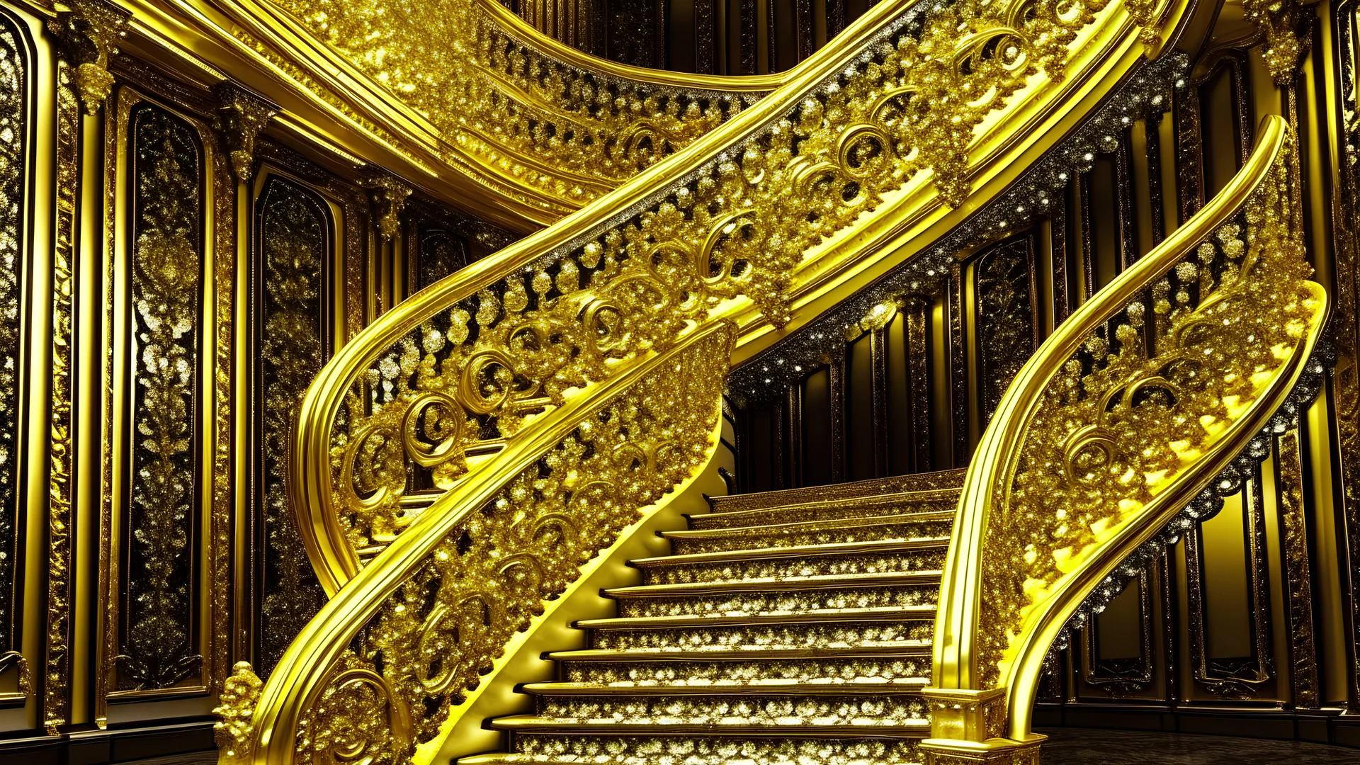 A majestic staircase, intricately designed, glistens with the brilliance of golden crystals, symbolizing profound spiritual enlightenment.