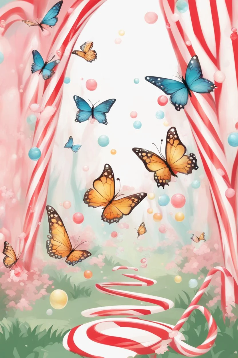 Butterflies and bubbles flying through a candy cane forest