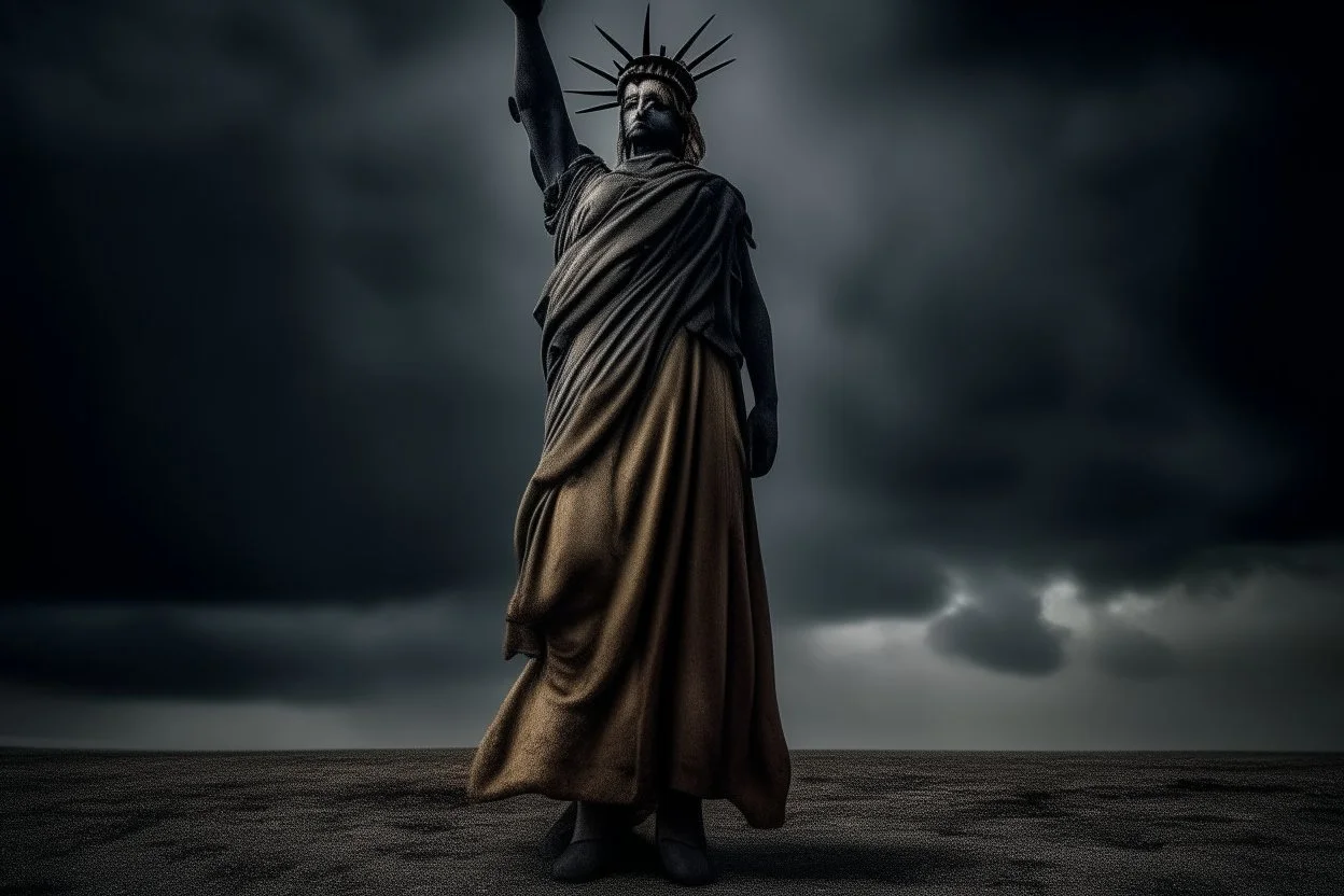 the statue of liberty, dress dirty and torn, her face solemn and terse, trash littered at her feet, she holds a crumpled american flag, she walks away with back turned under a dark and dreary sky, wide angle