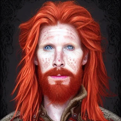 Portrait of Courtney Gains as a ruggedly handsome but joyful roguish pirate, charismatic, attractive male, masculine, perfect, precisely detailed, lightly freckled face, meticulously detailed multi-hued ginger carrot colored cherry fire red hair; Malachai of the corn; fantasy, intricate, elegant, highly detailed, digital painting, artstation, concept art, matte, sharp focus, illustration, art by artgerm and greg rutkowski and alphonse mucha