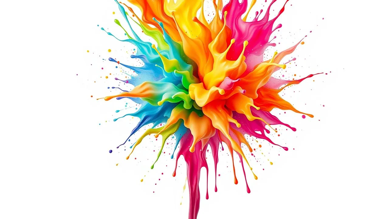 Mesmerizing rainbow-like explosion of colors that bursts from everywhere psichodelic. The fluid paint cascades downward in a dynamic motion, creating a captivating visual effect. Fluid paint explosion, resulting in a harmonious fusion of modern design, painting, and illustration. White Background