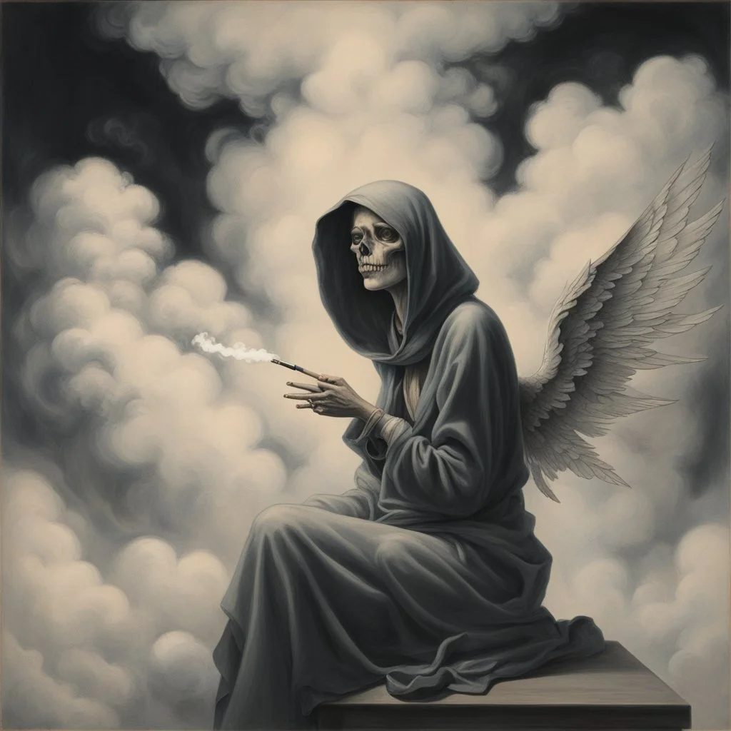 women sitting forward Her face turned upwards and blows cigarette smoke from their mouth. It depicts a figure with wings emerging from its back. a hooded skeleton can be seen behind the clouds of smoke.