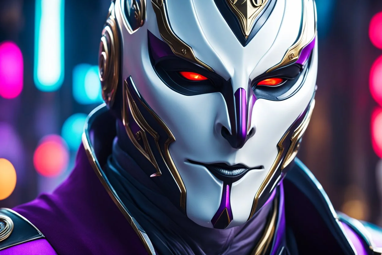 Jhin in 8k live action artstyle, white mask, close picture, neon lights, intricate details, highly detailed, high details, detailed portrait, masterpiece,ultra detailed, ultra quality