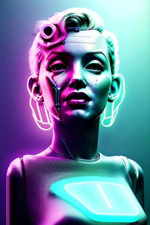 Ultra Realistic image, portrait, blonde woman, Marylin Monroe face, perfect iris, glow eyes, glow makeup. Cyborg, Cyberpunk, ex machina style, wires connected, oversized tight latex dress. fog, rain, soft color, highly detailed, unreal engine 5, ray tracing, RTX, lumen lighting, ultra detail, volumetric lighting, 3d, finely drawn, high definition, high resolution.