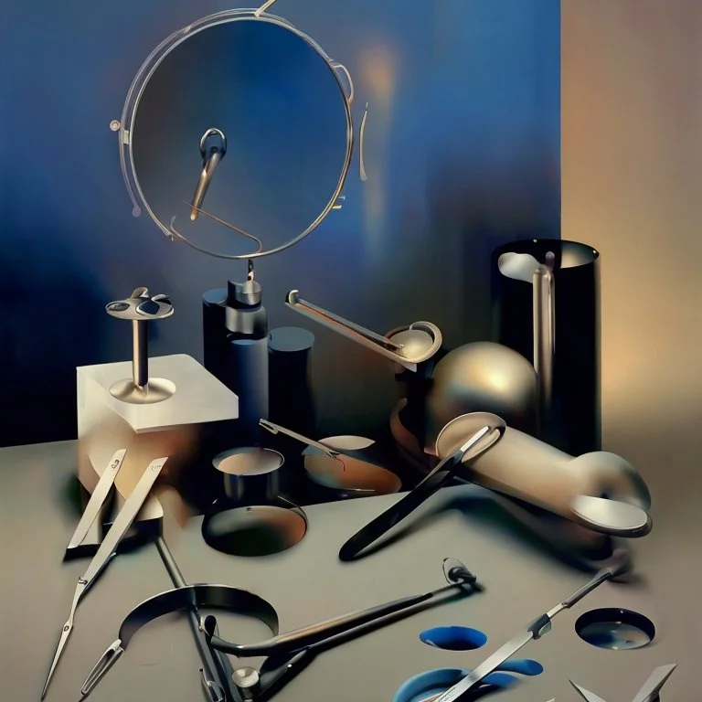 human body, universe-like mirror,complex surgical instruments mixed with human body-like musical instruments,minimalism,Painting By Adrian Ghenie, Rene Magritte, Salvador Dali, Lucian Freud