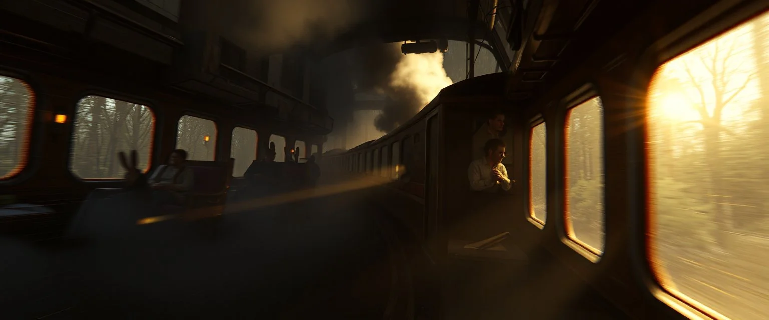 get aboard the rabbit train in the style of Rembrandt and Fallout 4, with motion blur and volume fog and sun rays and lense flair