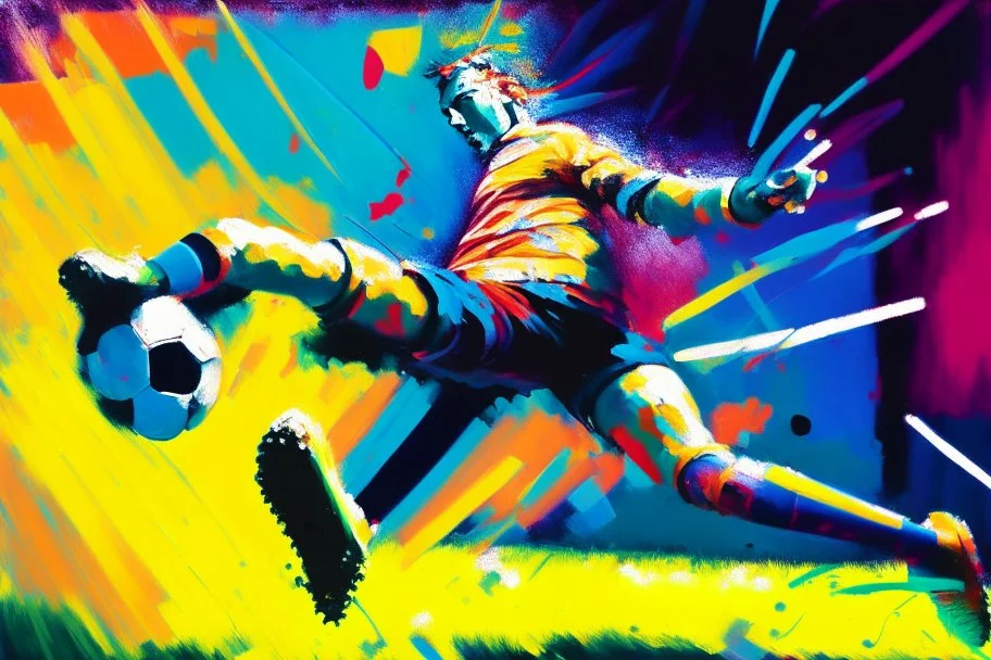 Oil painting, football match, the striker is kicking a goal, the ball is flying, bright but not neon colours, dynamic lines, dynamic blobs, spots, lines in the background of the character, like a colour explosion, A visually striking piece filled with dynamic brushstrokes, reminiscent of the impasto technique used in Vincent Van Gogh's Post-Impressionist paintings. The composition features bold colors and unblended strokes, creating a sense of depth and movement that defies traditional art style