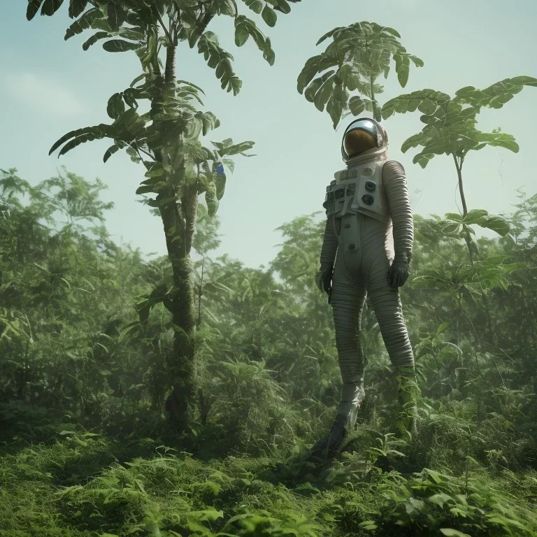 Astronaut standing on an unknown jungle planet