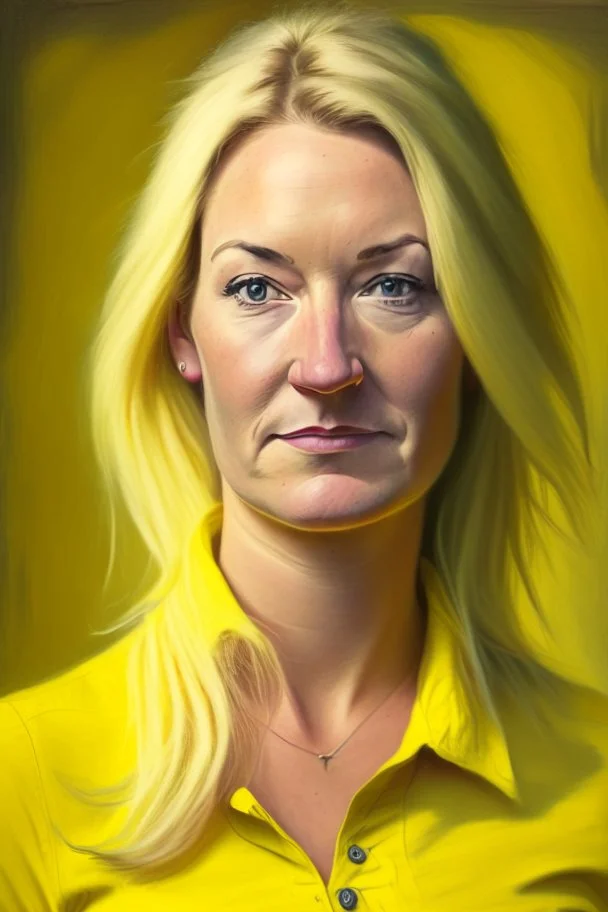realistic Portrait of a woman in her thirties yellow shirt and dirty blonde hair. she looks like a politcian