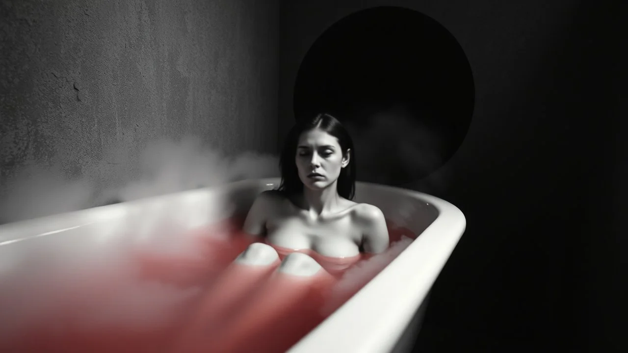 monochrome photo of very blur face sad pale woman sitting in bath tube around her red water, in bath, blur fog, background in corner one black demonic shadow, dark gray old wall, darkness around, sad, surreal dark vibe, dark colors, in wall circle dark deep abyss,splash art, cinematic, depressive vibe