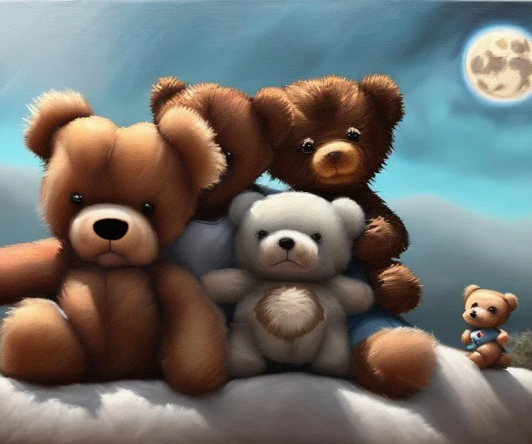 little boy and big teddy bears on moon. drifting in old bmw. oil on canvas