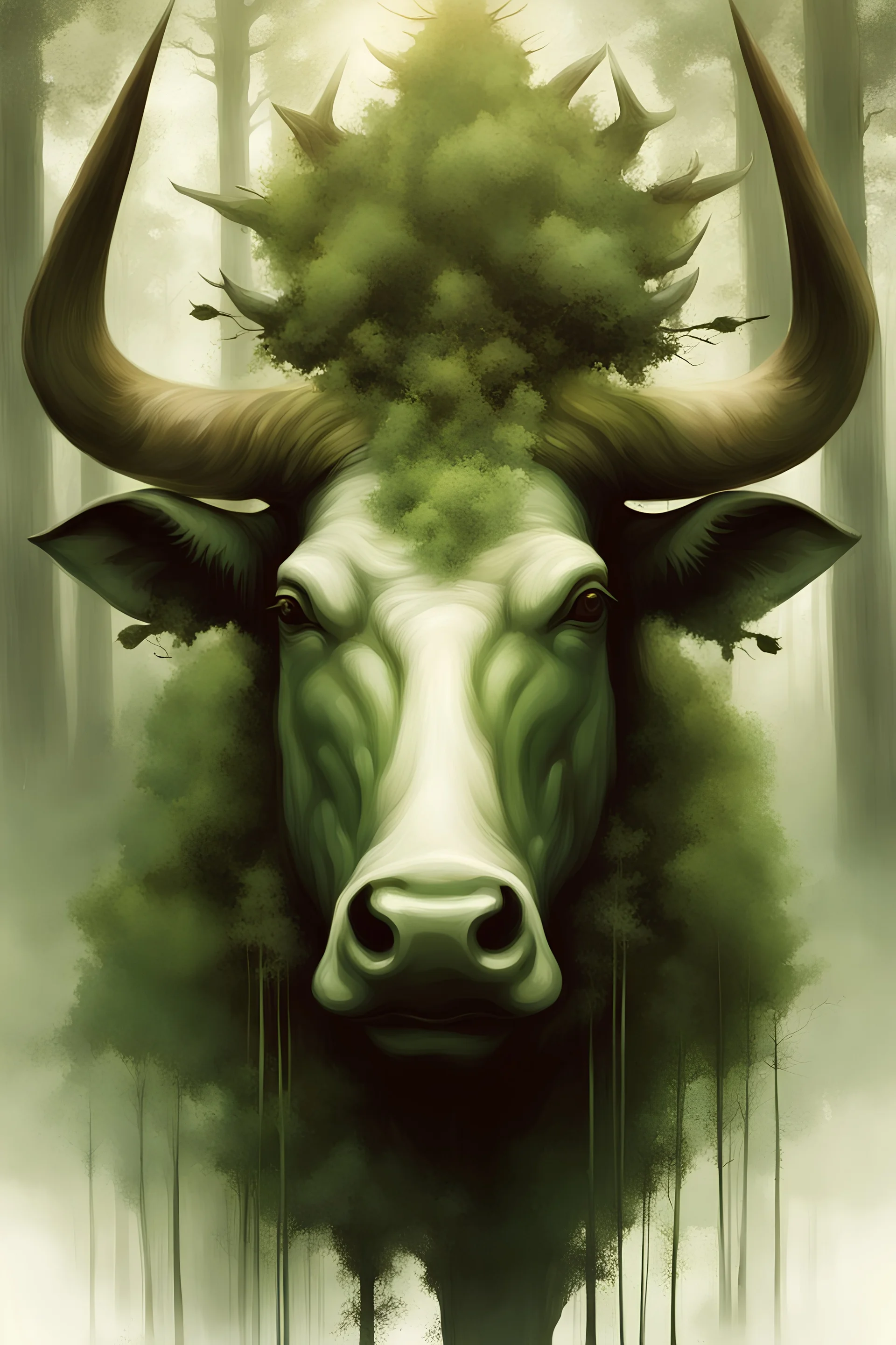 A bull or a horse with a wooden totem with spikes on it, in the middle of the forest. Opposite is a tree with a green-skinned man on it., by Ryohei Hase, Agnes Cecile, Raymond Swanland, Anne Bachelier