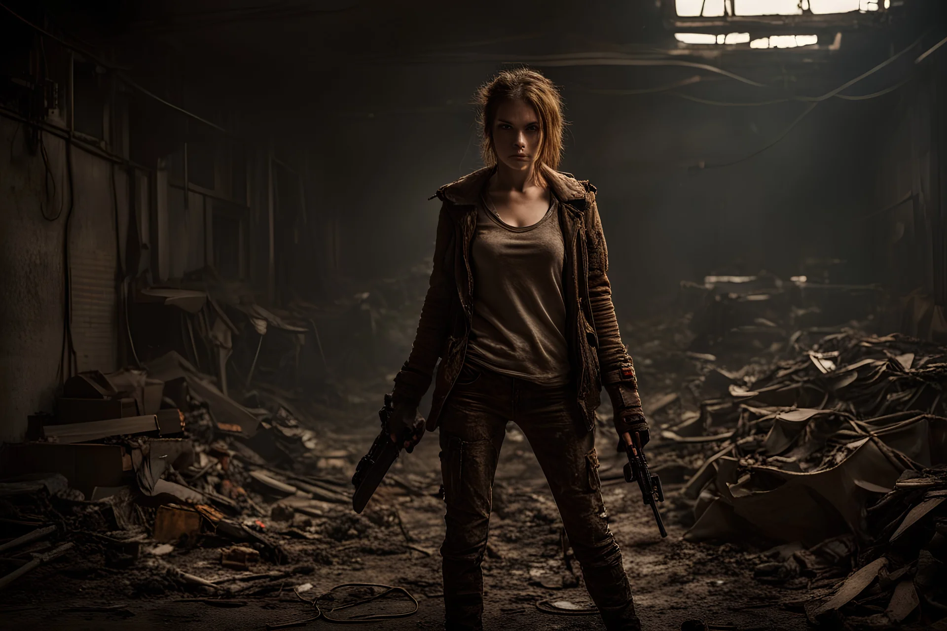 realistic scene from a movie ((full body shot of beautiful woman)) with clothes and weapons made of waste, trash and cables in an abandoned dystopian post apocalyptic enviroment, rusty debris, all is dirty and rotten. unwashed dirty hair. dark, intricate, backlit, volumetric realistic lighting, volumetric atmosphere, sharp focus, dust, doom, very realistic, photo realistic, epic, filmic. all is rotten and dirty. very detailed, sharp picture, highly detailed setting, natural colors, high quality