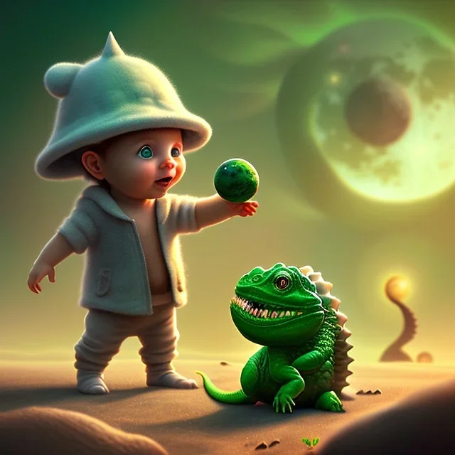 1yo little szymon is on safari onthe moon. petting a green dinosaur. he has big binoculars and a funny hat. High detailed. Cinematic. Digital painting. Warm lights.