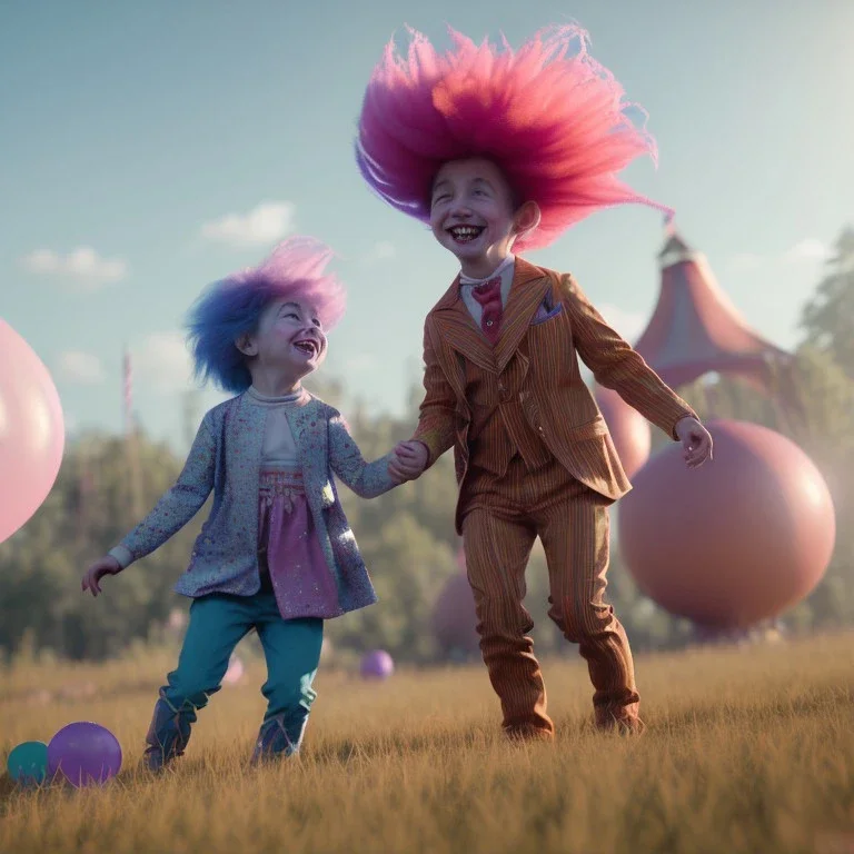 Ultra realistic circus scene. Sweet hair monster and Child’s playing, smile, happy, color bubbles, smooth color, waist up view, Wes Anderson style, dark ambient, highly detailed, concept art, unreal engine 5, god rays, ray tracing, RTX, lumen lighting, ultra detail, volumetric lighting, 3d, finely drawn, high definition, high resolution.