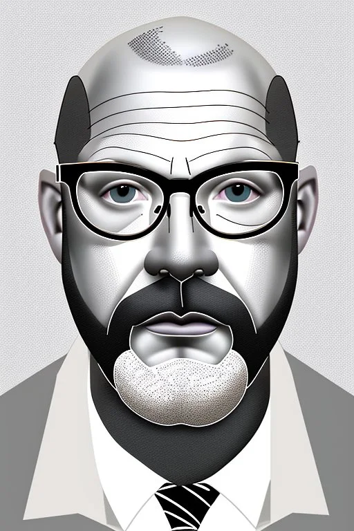 black and white,real estate agent,bald white male with thick grey beard,55 years old,metal wire frame glasses,, necktie,portly,detailed drawing,white background