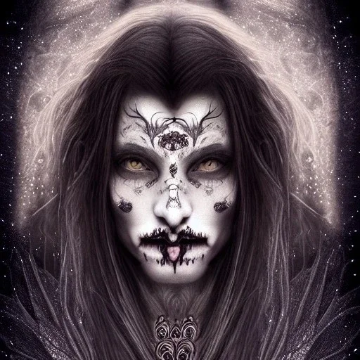 perfect long-haired Vampire, perfect eyes,perfect vampire teeth, full tattoos of roses art and trees extending past face and morphing into galaxy, 8k resolution, high-quality, fine-detail, intricate, digital art, volumetric lighting ,highly detailed, masterpiece, delicate detailed, sharp focus, insanely detailed, fantasy art, intricate detailed, elegant, fog, Special Lighting, Vibrant, color Scheme, forest, unreal engine 5, trending on artstation ,style Daniel Merriam , portrait .