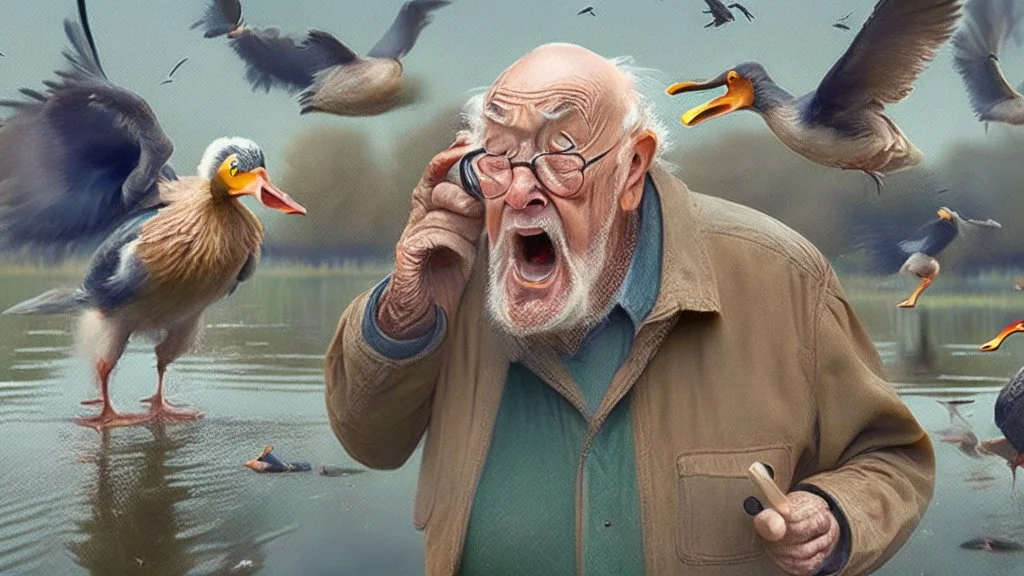 a very confused old man talks on phone while chasing ducks away,