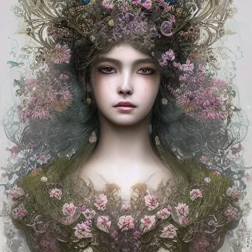 Insanely detailed photograph of an “portrait of gorgeous spring goddess ” with intricate hair, intricate embroidered dress, beautiful clear face and hyperdetailed painting by Ismail Inceoglu Huang Guangjian and Dan Witz CGSociety ZBrush Central fantasy art album cover art,8K, hdr, romantic, mysterious, ominous, beautiful flowers, jewelry, comfort, natural eyes,naked,tasteful