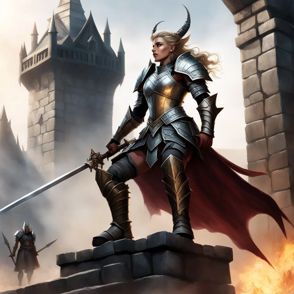 A Dragonborn Princess in plate armor, perched atop a siege ladder, ready to unleash her might upon the castle gates. The scene is set with her army blurred in the dust below, a formidable force rallying behind their fearless leader. The clash of steel, the roar of battle cries, the promise of victory in the air.
