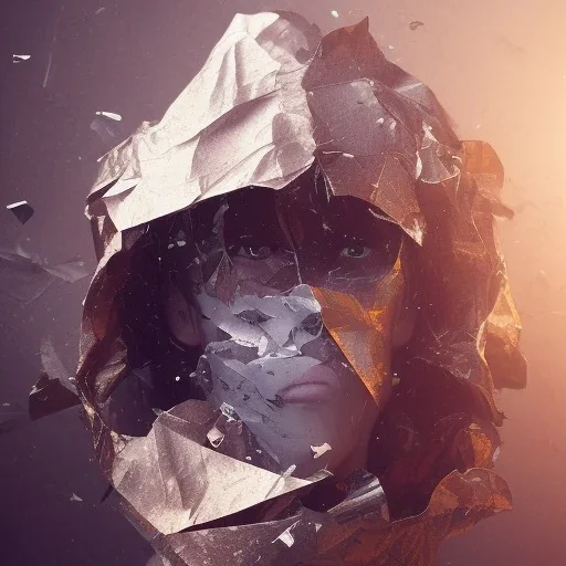 rendered in blender trash bag on his head and crumpled paper as a texture, collage paper and tape, slit - scan photography, high resolution, cinematic, unreal 6, breathtaking detailed