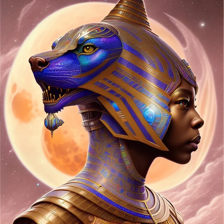 sango fantasy, fantasy magic, intricate, sharp focus, illustration, highly detailed, digital painting, concept art, matte, artgerm and paul lewin and kehinde wiley, masterpiece Asian black panther Egyptian pyramid silver space lady space blood moon galaxy