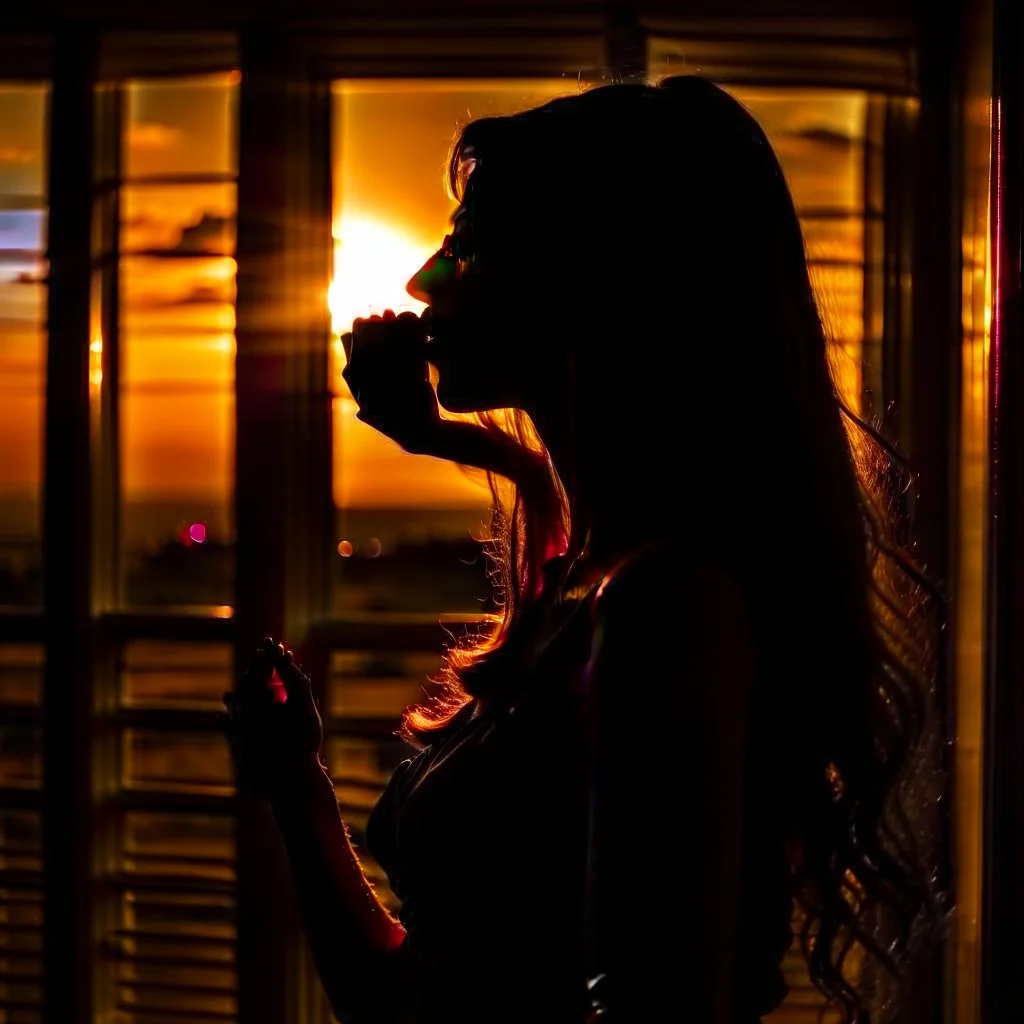 A silhouette of a sensual tender girl longing for a kiss, looking at the sunset from the window that creates her shadow.