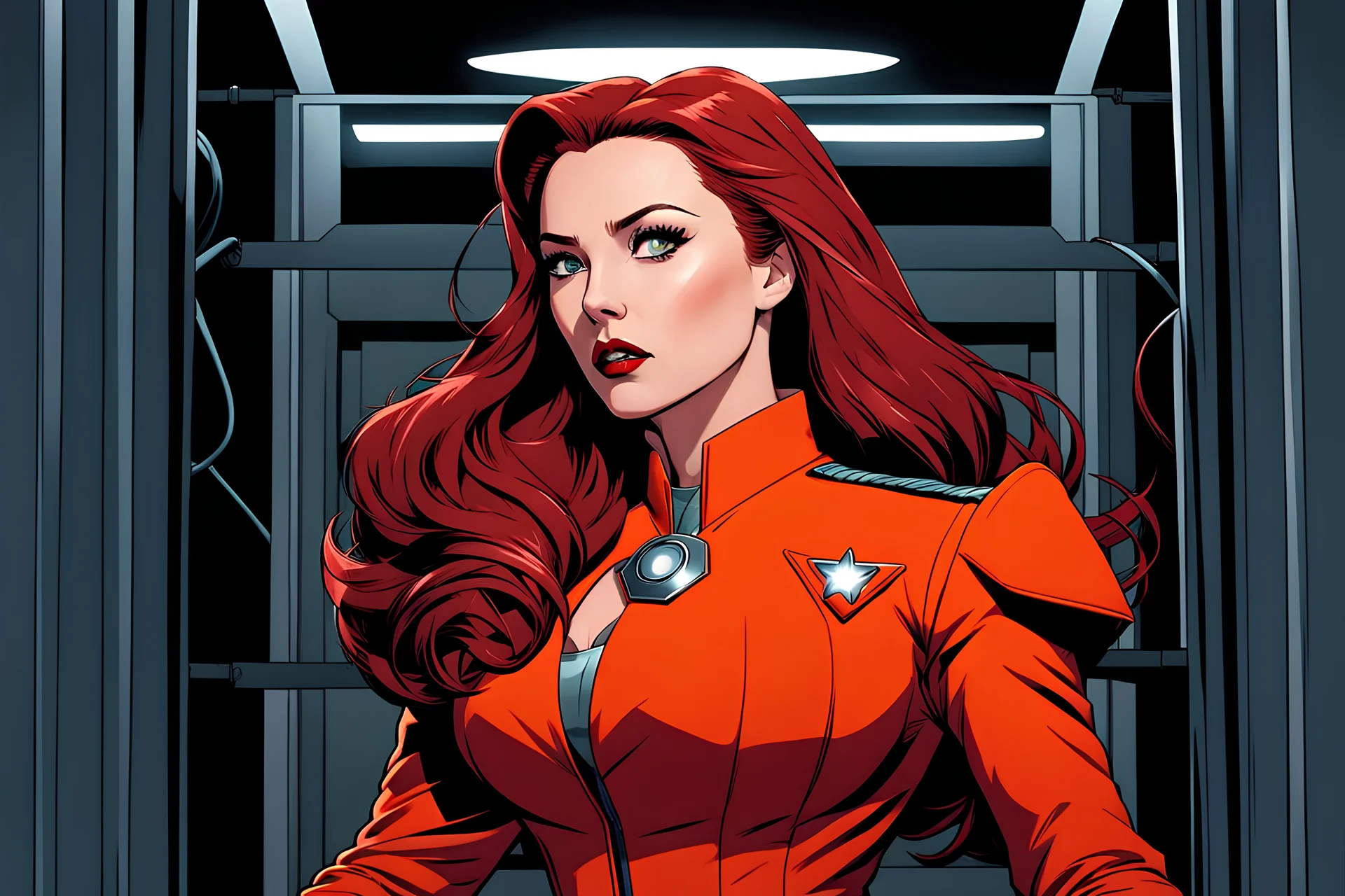 Scarlett Witch captured after the events of Disney+ Wandavision, wearing an orange prison uniform, arms bound, wearing a power damping collar, keep in a padded cell, alternative ending, five year later time skip, hair is longer and messy, driven insane and emotionality unstable due to her obsession to find her kids, comic book art style