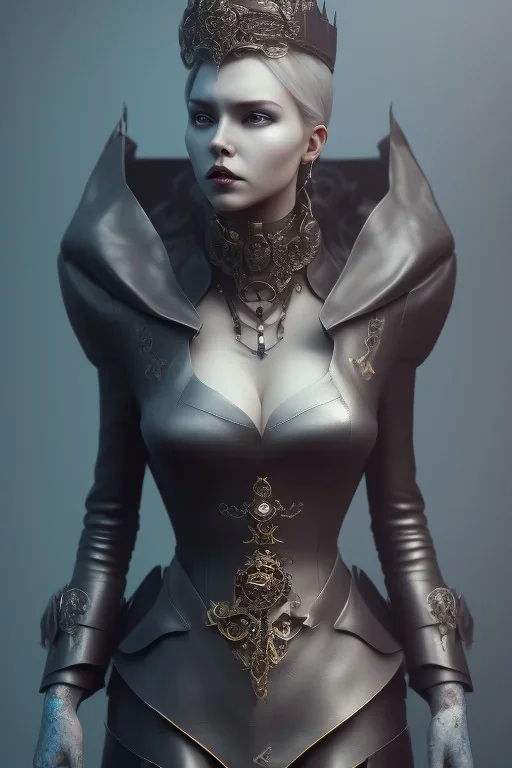 Kim Basingerr as evil queen in black leather, leather, busty, cleavage, angry, stern look. character design by cory loftis, fenghua zhong, ryohei hase, ismail inceoglu and ruan jia. unreal engine 5, artistic lighting, highly detailed, photorealistic, fantasy.