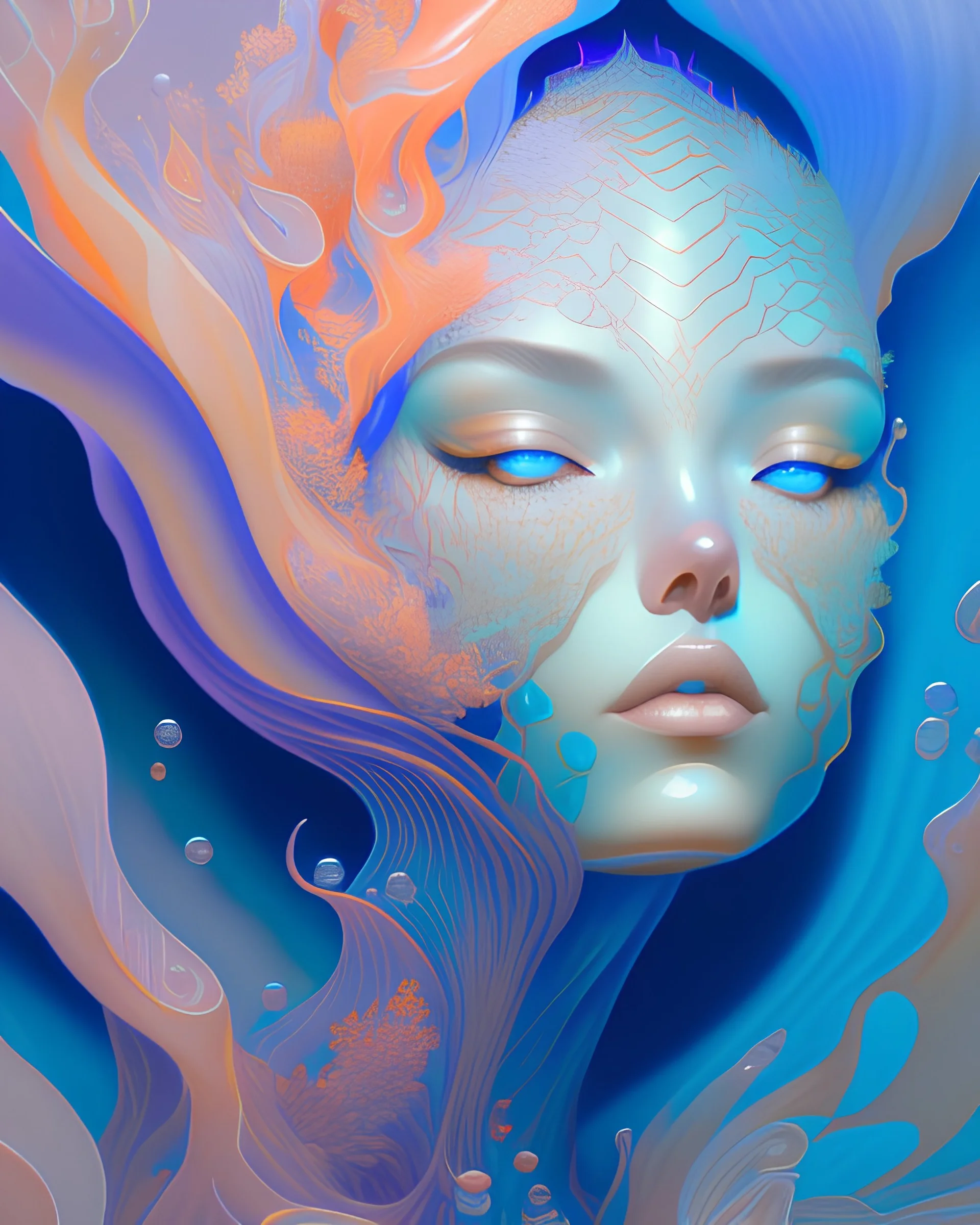 "an underwater Face” James Jean, Peter Mohrbacher, Rutkowski, fluid acrylic, elegant gradients, liquid detailing hypertextured, intricate, octane render, depth, Kaluta, detailed eyes, incredibly detailed, hyperrealistic, pastel colors, Artgerm, WLOP, Rutkowski, fractal sunshine melting into dress fabric, heavenly, clouds, massive divinity