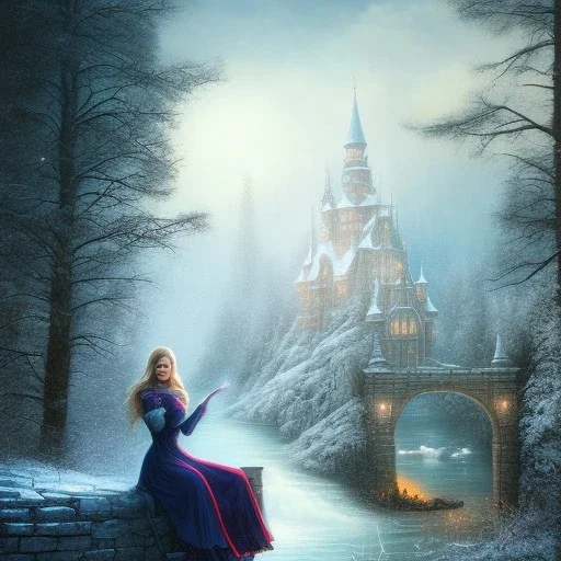 fantasy art, book illustration, grinning witch sitting by a bonfire, in the background the stairs of a dam in the magical forest ,icy water